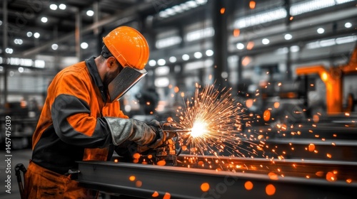 Industrial worker welding metal beams in factory setting