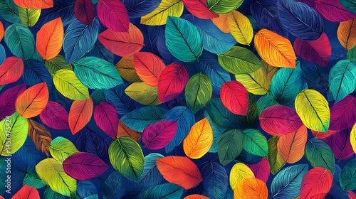 Digital illustration of vibrant, stylized leaves densely layered against a deep blue background.