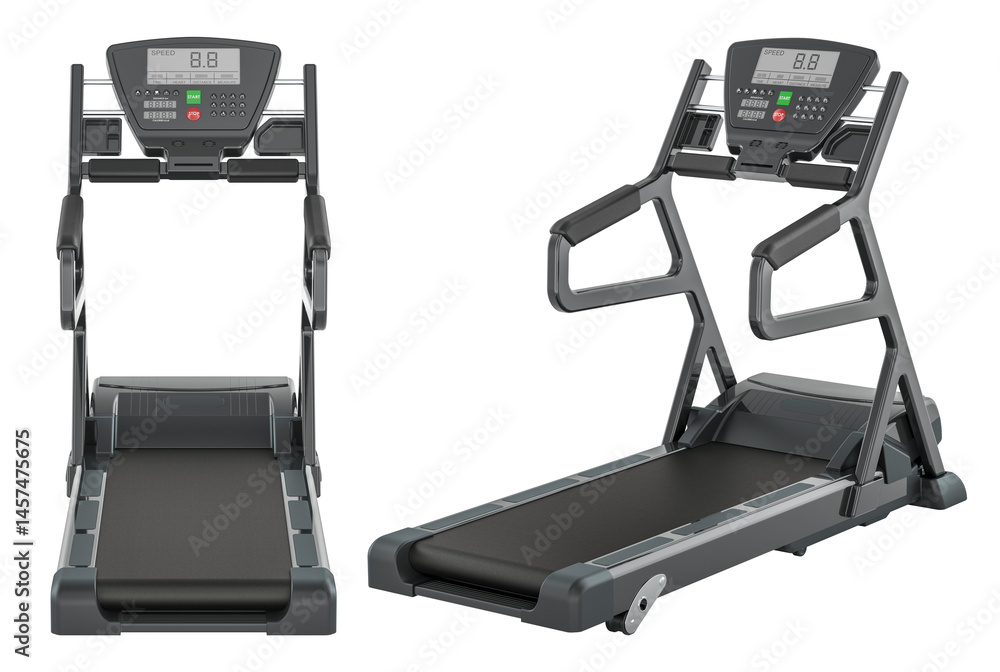 Treadmill, walking treadmill different front, side views. 3D rendering isolated on transparent background