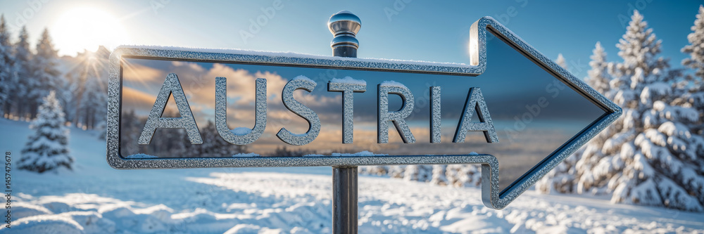 on the pole there is a direction arrow with the inscription Austria against the background of a picturesque winter landscape