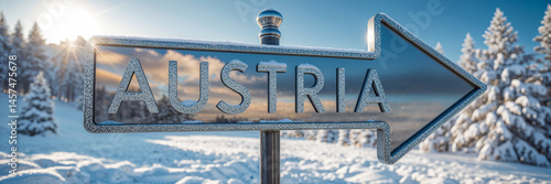 Obraz na płótnie on the pole there is a direction arrow with the inscription Austria against the background of a picturesque winter landscape w salonie