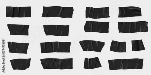 Set of horizontal different size black sticky tape, adhesive wrinkled pieces, vector realistic torn glued duct tape