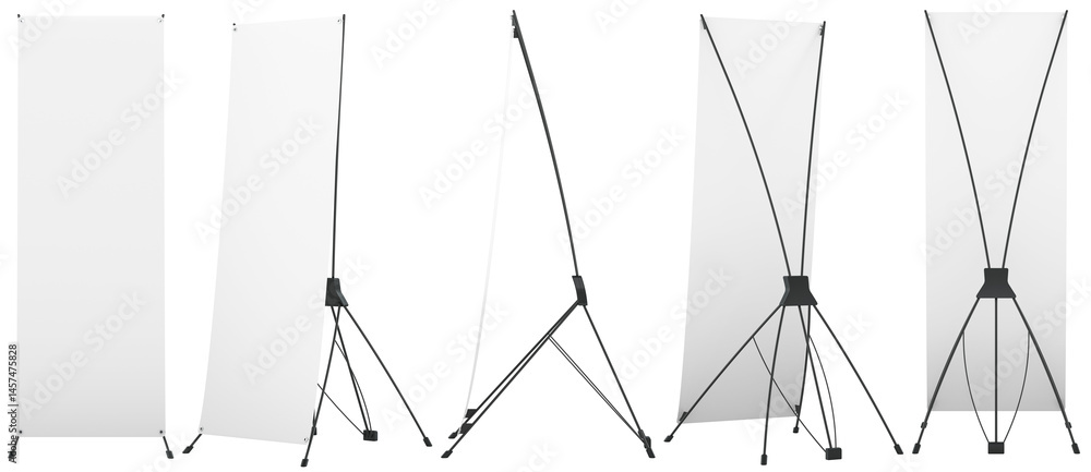 X Banner Stands, blank adjustable . Mockup template X banner stands, different sides. 3D rendering isolated on transparent background