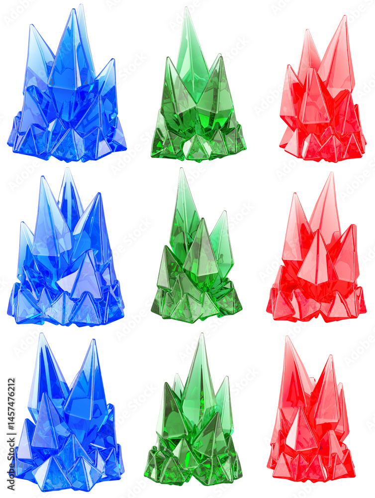 Colored crystals, natural nuggets. 3D rendering isolated on transparent background