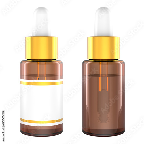 Dropper bottles, cosmetic or medical product with label, mockup template and without. 3D rendering isolated on transparent background