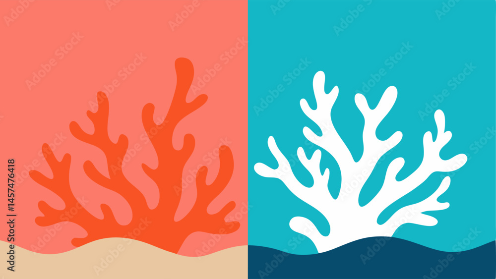Coral Bleaching An underwater scene showing vibrant coral on one side and pale bleached coral on the other illustrating the stark contrast caused by rising temperatures. Coral Bleaching An underwater scene showing vibrant coral on one side and pale bleached coral on the other illustrating the stark contrast caused by rising temperatures.