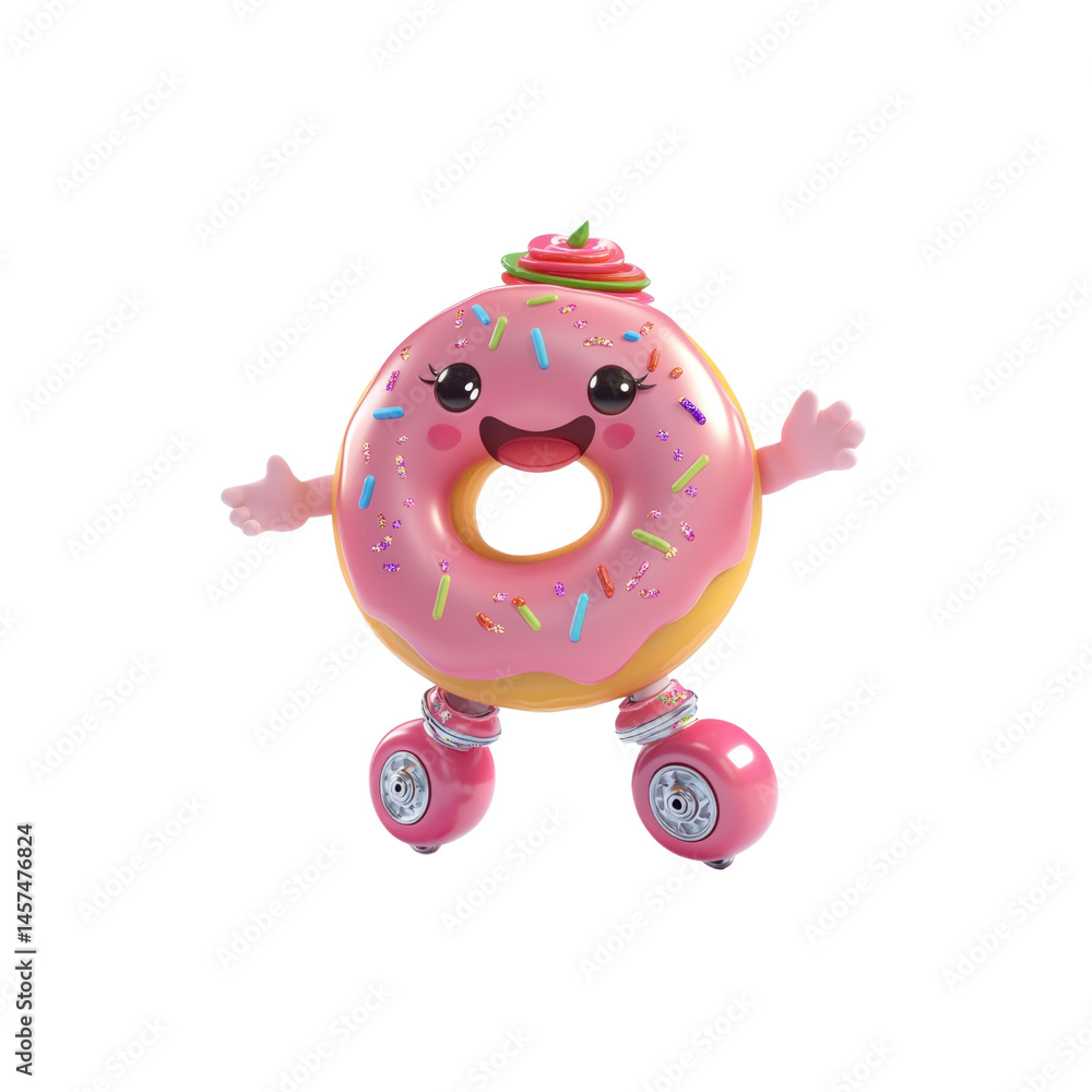 Fototapeta premium Happy Donut on Roller Skates - 3D Render of Cute Cartoon Dessert Character