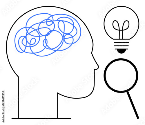 Human head with tangled lines in the brain representing thought process, alongside a magnifying glass and light bulb symbolizing analysis and ideas. Ideal for creativity, problem-solving, innovation