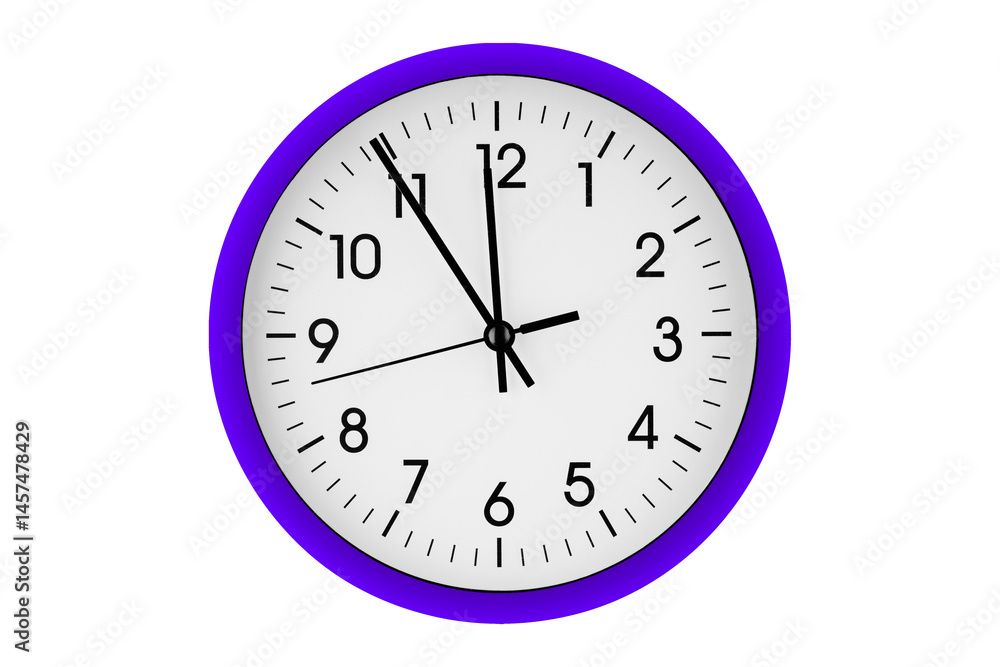 Purple, violet watch, wall clock 11 hours 45 minutes on isolated or white background close up