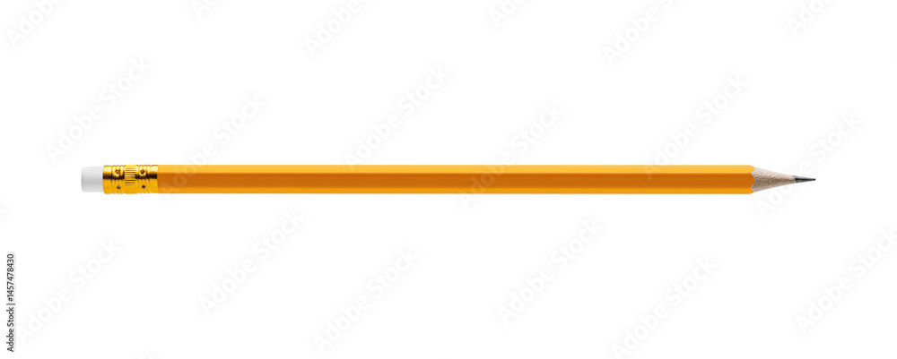 Macro shot of a single yellow graphite pencil with eraser on white background. Perfect for stationery and educational needs.