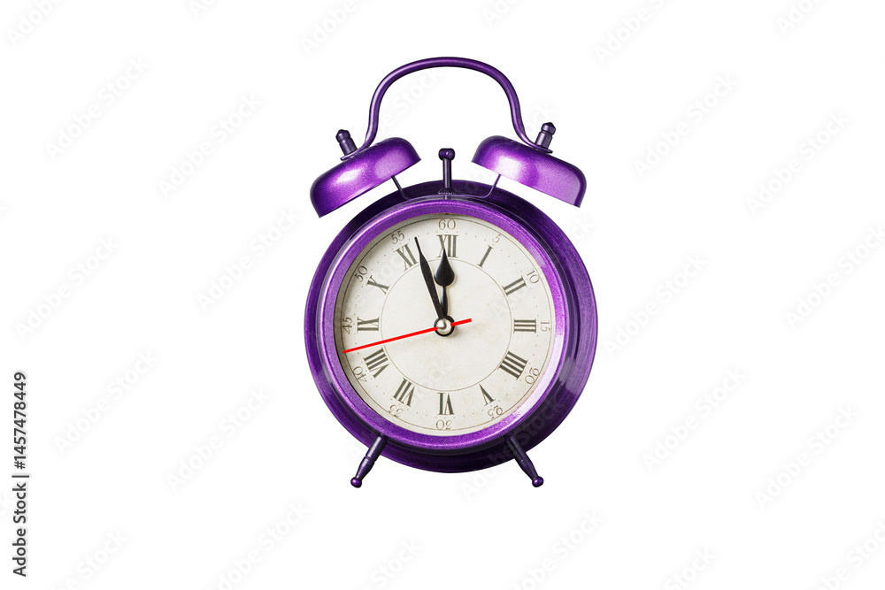 retro clock, pointer clock, violet, purple color alarm clock on isolated white background close up