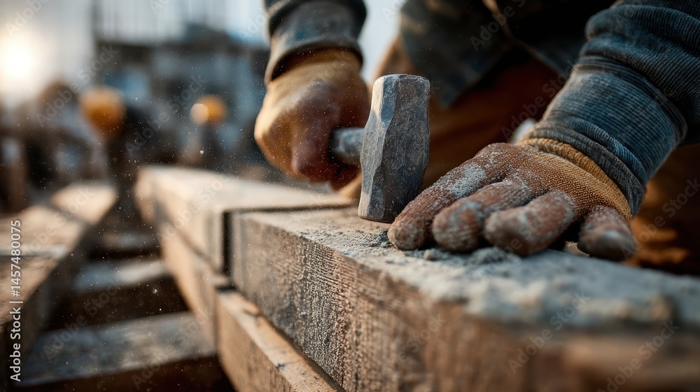 An industrial worker using metal tools like a hammer and saw, installing wood and stone components at a construction site An industrial worker using metal tools like a hammer and saw, installing wood and stone components at a construction site