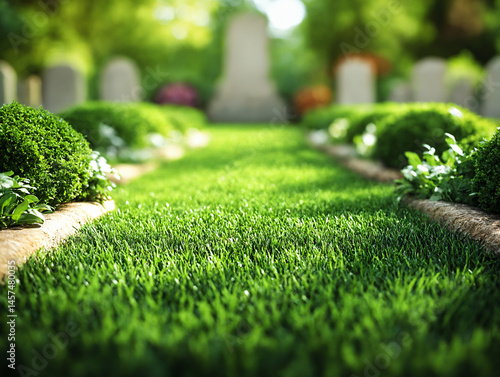 A peaceful pathway of lush green grass leads through a cemetery with blurred grave markers on either side.