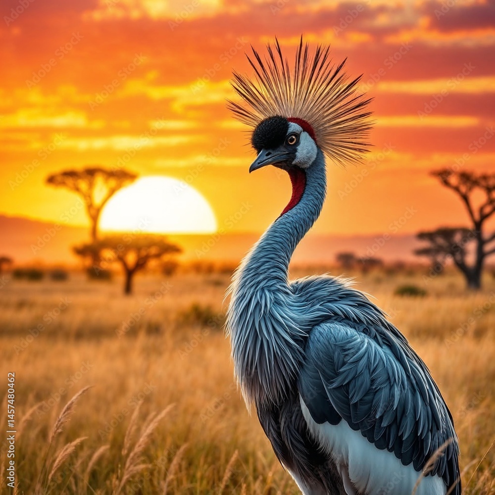 Fototapeta premium Elegant crane posing at sunset in the African savanna 