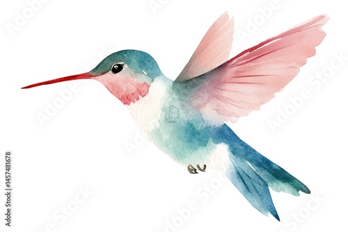 Watercolor painting of a hummingbird in flight
