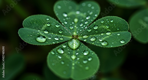 Four Leaf Clover With Water Droplets Symbolizing Good Fortune