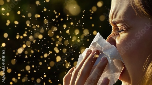 Sneezing person with pollen allergy outdoors