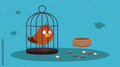 Caged Bird A small bird in a rusty cage with tattered feathers and a forlorn expression surrounded by empty food and water bowls.