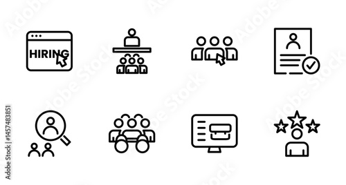 Hiring Process Line Icons. Recruitment, Job Application, Interview, Candidate Selection Vector Set