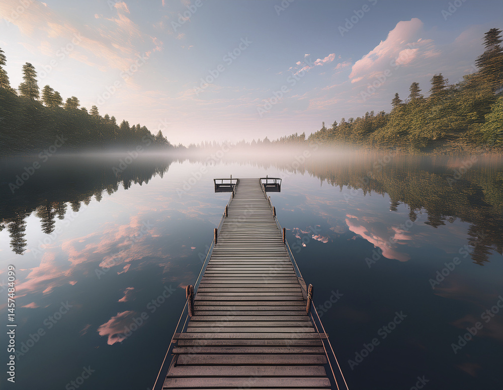 Obraz premium Floating Dock Suspended Over Mirror Lake