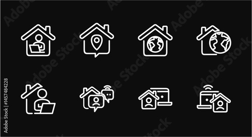 Remote Work Line Icons . Freelancer Work from Home, Video Call, Online Meeting, Teleconference Vector Set