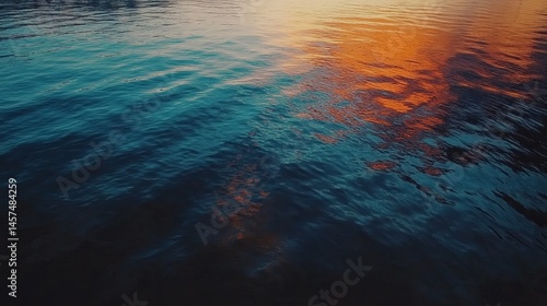 Stunning ocean water surface with sunset reflection orange hues dark blue water texture background