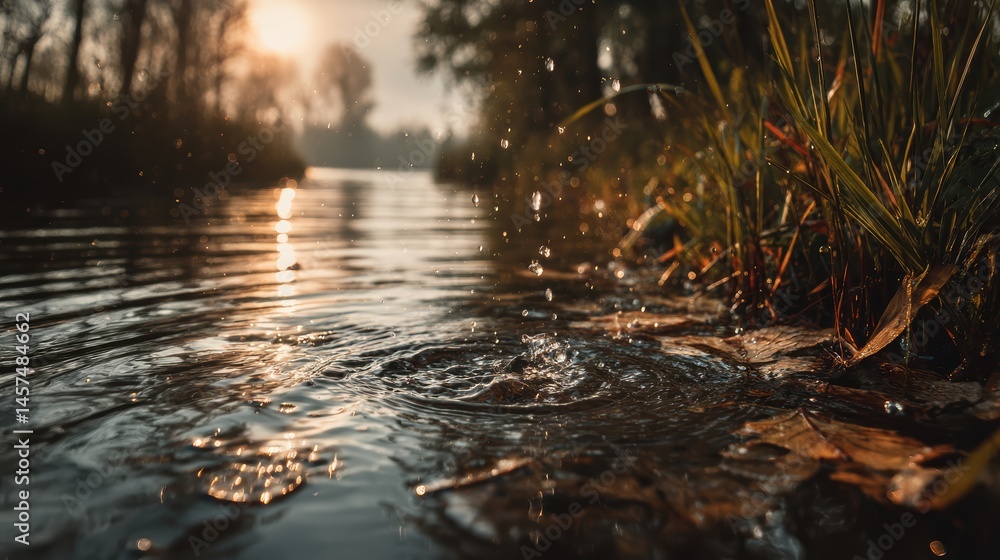 Fototapeta premium A serene body of water, with droplets highlighting the invisible danger of PFAS chemicals, reminding us of the ongoing environmental crisis