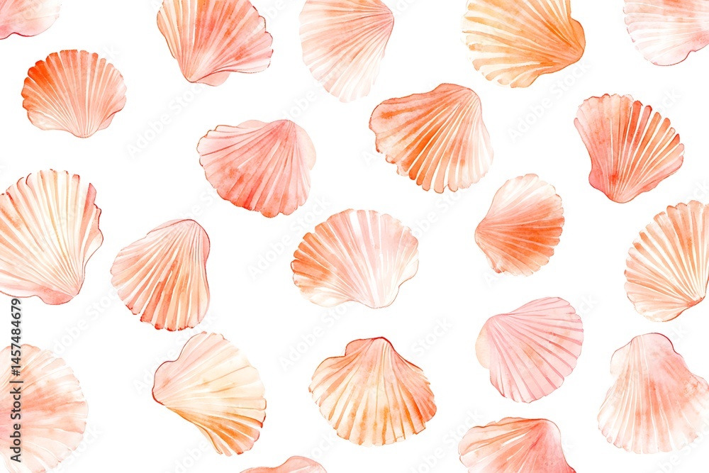 Watercolor pattern of delicate pastel seashells on white background Watercolor pattern of delicate pastel seashells on white background
