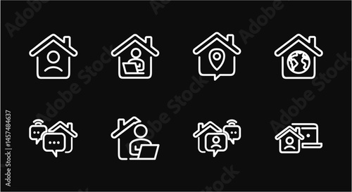 Remote Work Line Icons . Freelancer Work from Home, Video Call, Online Meeting, Teleconference Vector Set