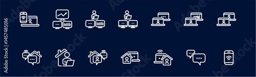 Remote Work Line Icons . Freelancer Work from Home, Video Call, Online Meeting, Teleconference Vector Set