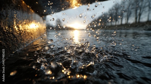 An eerie reflection of water, with droplets catching the light, symbolizing the invisible danger of PFAS chemicals to our planet is health