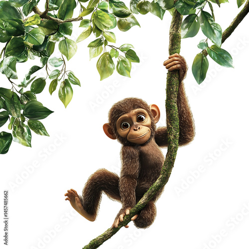 Baby Monkey Hanging from Tree Branch Isolated on Transparent Background