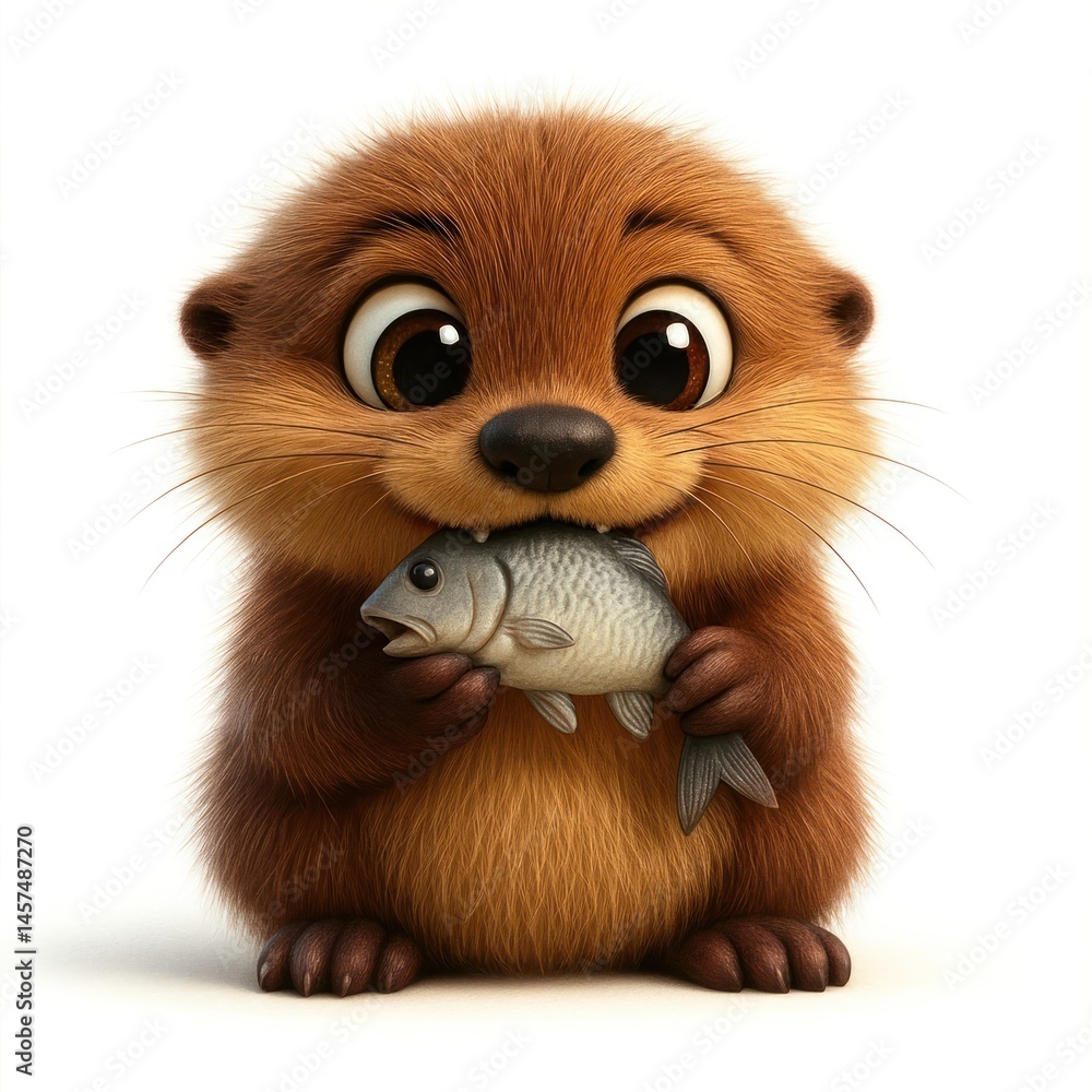 Obraz premium Cute otter holding fish