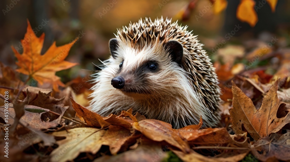 Hedgehog nestled amidst autumn leaves Hedgehog nestled amidst autumn leaves