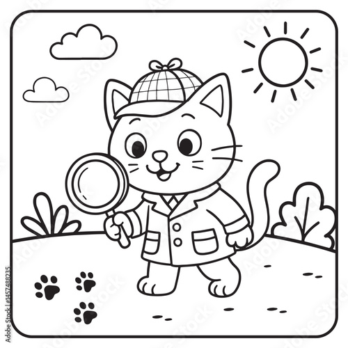 Coloring page for kids with a cat detective 