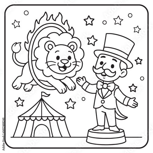 Coloring page for liitle kids with a ringmaster and a lion in the Circus