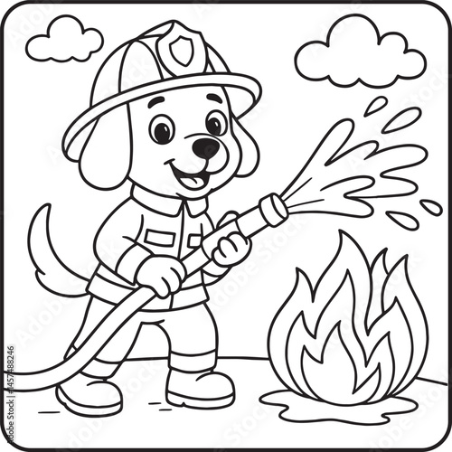 Coloring page for kids with dog  firefighter