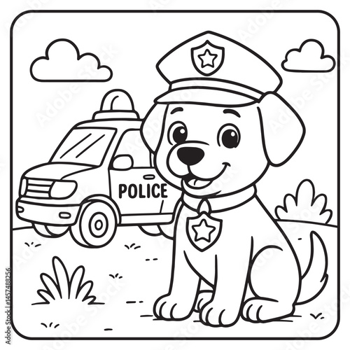 Coloring page for liitle kids with a cute dog working in police
