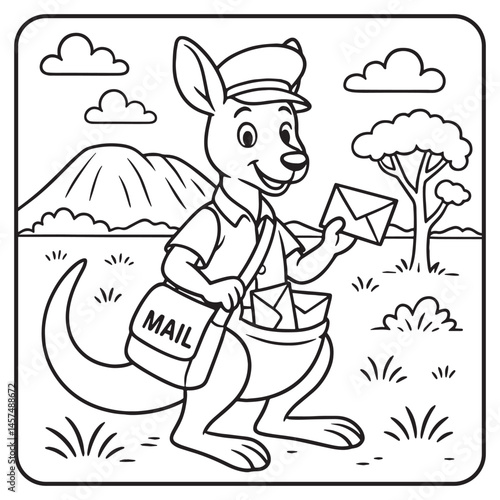 Coloring page for liitle kids with a cute kangaroo postman holding a letter