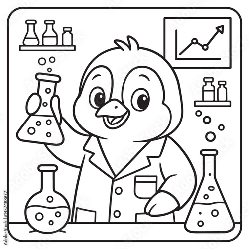 Coloring page for liitle kids with a cute penguin scientist in the laboratory