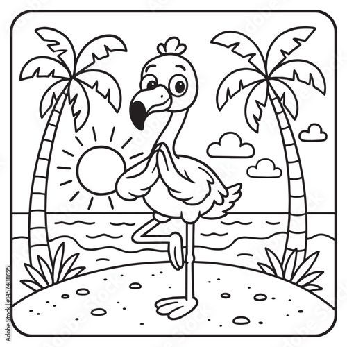 Coloring page for liitle kids with a cute yoga flamingo. The flamingo is standing in a tree pose on a tropical island under the palm trees.