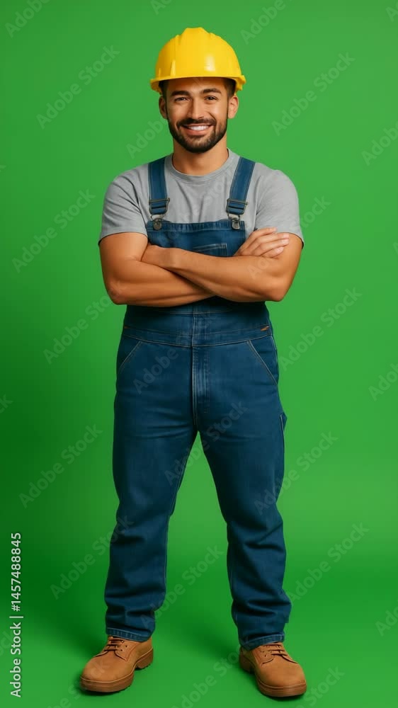 Confident construction worker posing against green screen in protective gear Confident construction worker posing against green screen in protective gear