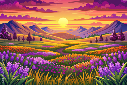 summer landscape with a colorful blossoming meadow glowing in warm sunrise light, capturing the beauty of nature’s awakening. Ideal for seasonal themes, nature backgrounds, and countryside serenity