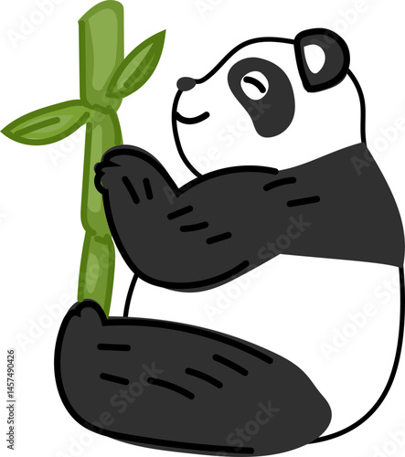 Panda happily holding bamboo in both hands, cute vector icon