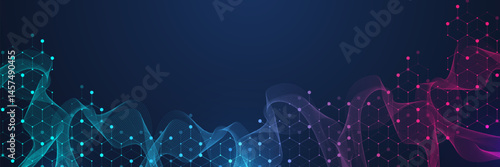 Molecular abstract structure and genetic engineering DNA. Healthcare and medicine background concept. Scientific research background. Wave flow. Innovation pattern. Vector illustration.