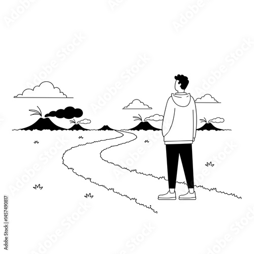 Person contemplating nature against volcanic landscape