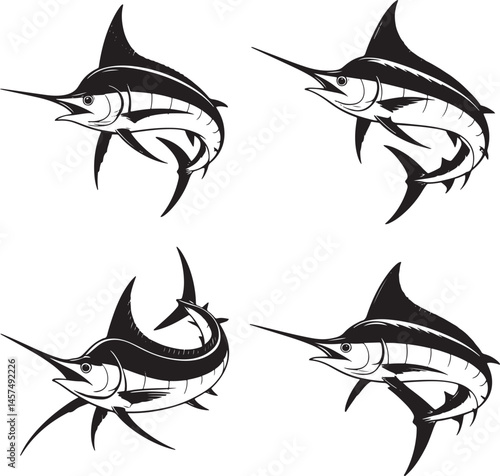 Marlin fish silhouette set vector illustration isolated On Transparent Background