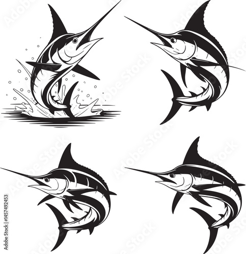 Marlin fish silhouette set vector illustration isolated On Transparent Background