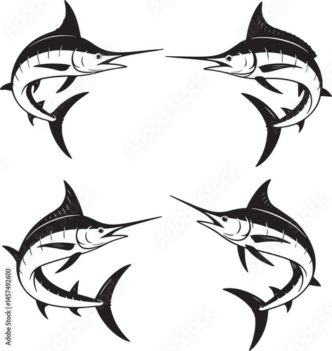 Marlin fish silhouette set vector illustration isolated On Transparent Background