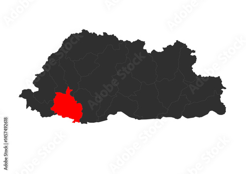 Red vector silhouette of the location map of the district of chukha in the country of Bhutan.